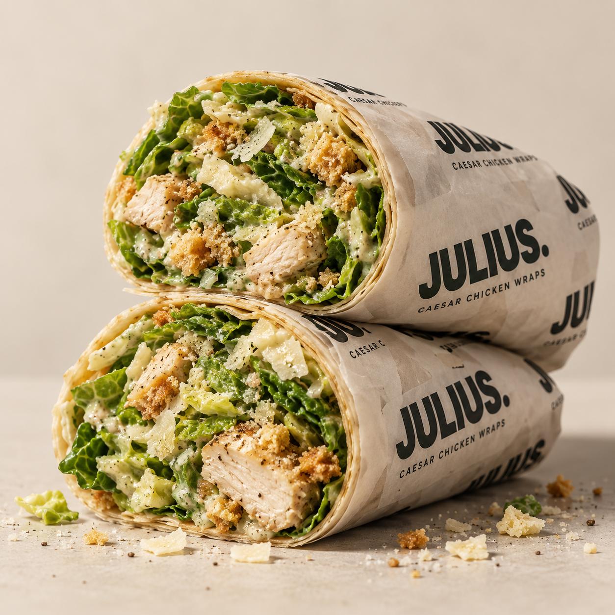 Julius Caesar chicken wrap, sliced in half